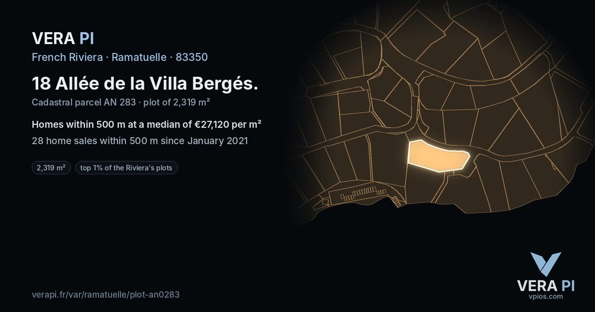 18 Allée de la Villa Bergés, Ramatuelle at night – the plot lit, the parcels around coloured by the prices near them