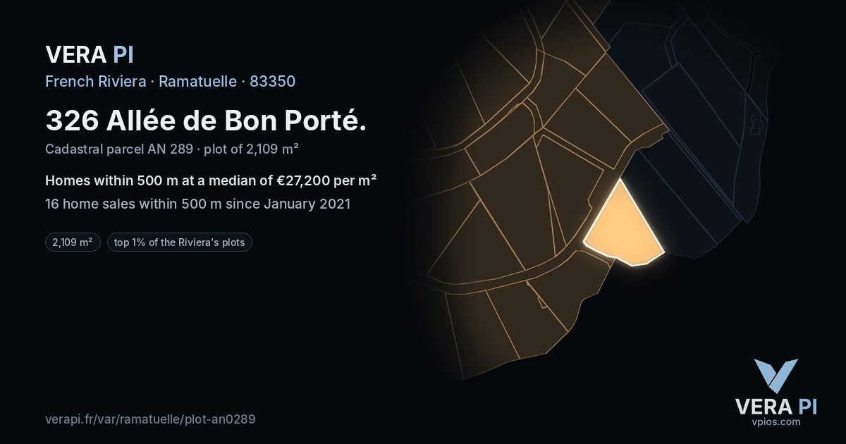 326 Allée de Bon Porté, Ramatuelle at night – the plot lit, the parcels around coloured by the prices near them