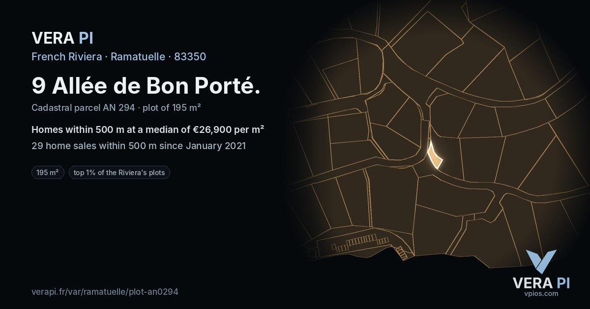9 Allée de Bon Porté, Ramatuelle at night – the plot lit, the parcels around coloured by the prices near them