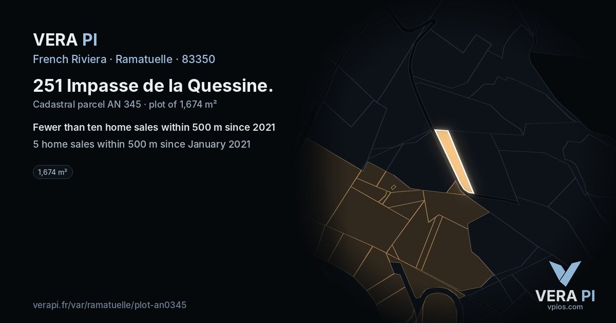 251 Impasse de la Quessine, Ramatuelle at night – the plot lit, the parcels around coloured by the prices near them