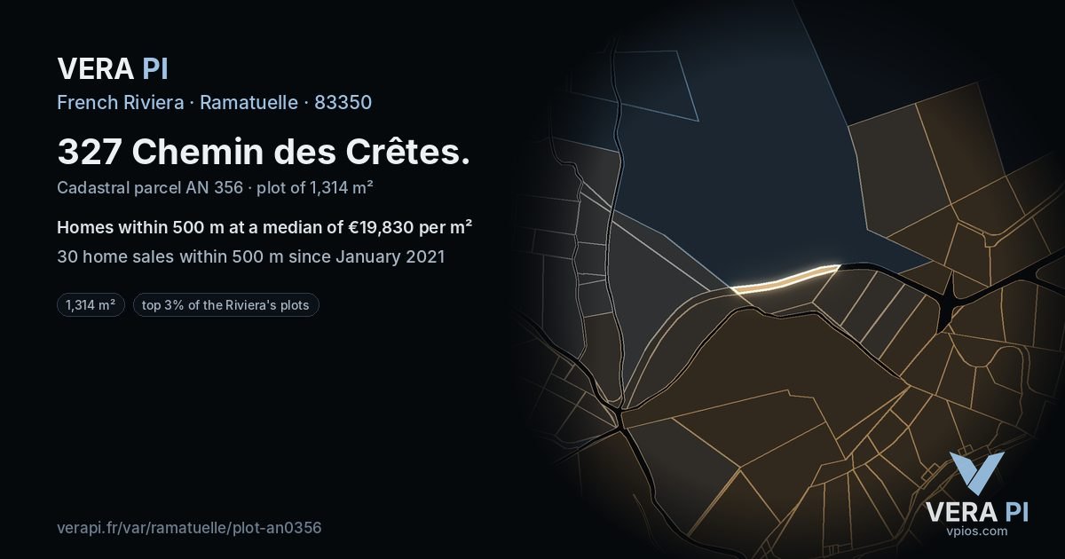 327 Chemin des Crêtes, Ramatuelle at night – the plot lit, the parcels around coloured by the prices near them