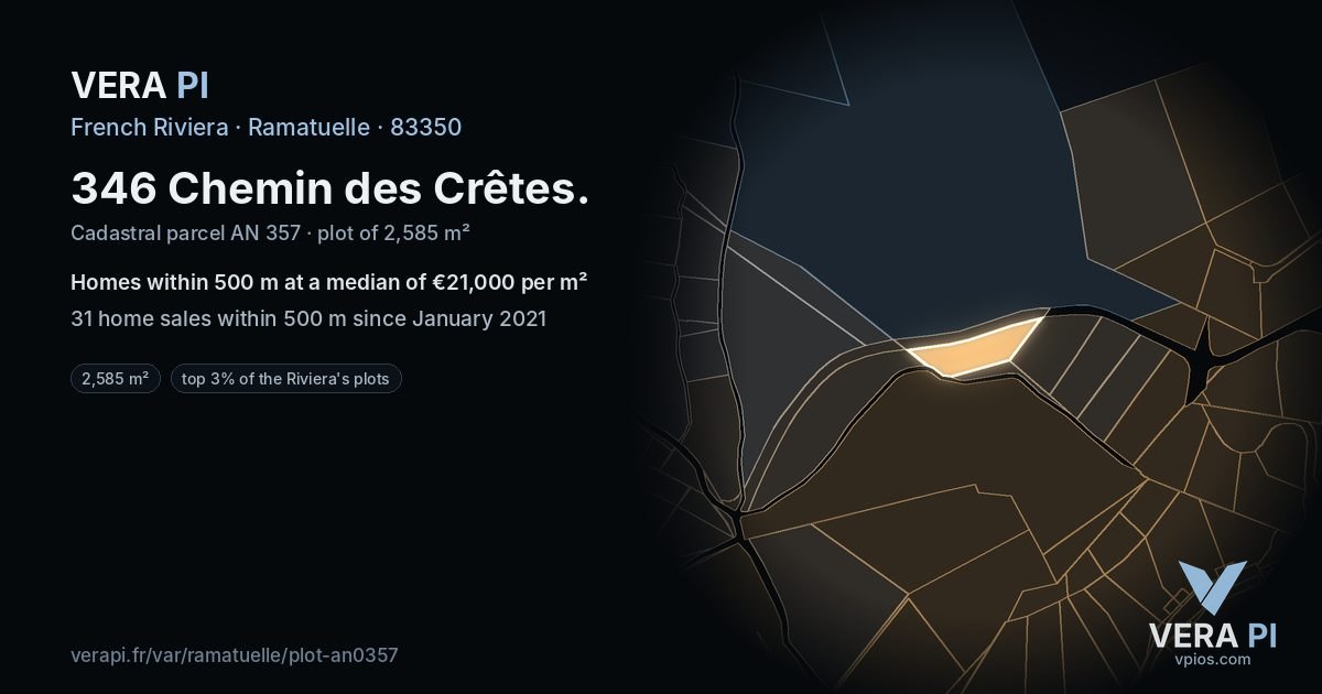 346 Chemin des Crêtes, Ramatuelle at night – the plot lit, the parcels around coloured by the prices near them