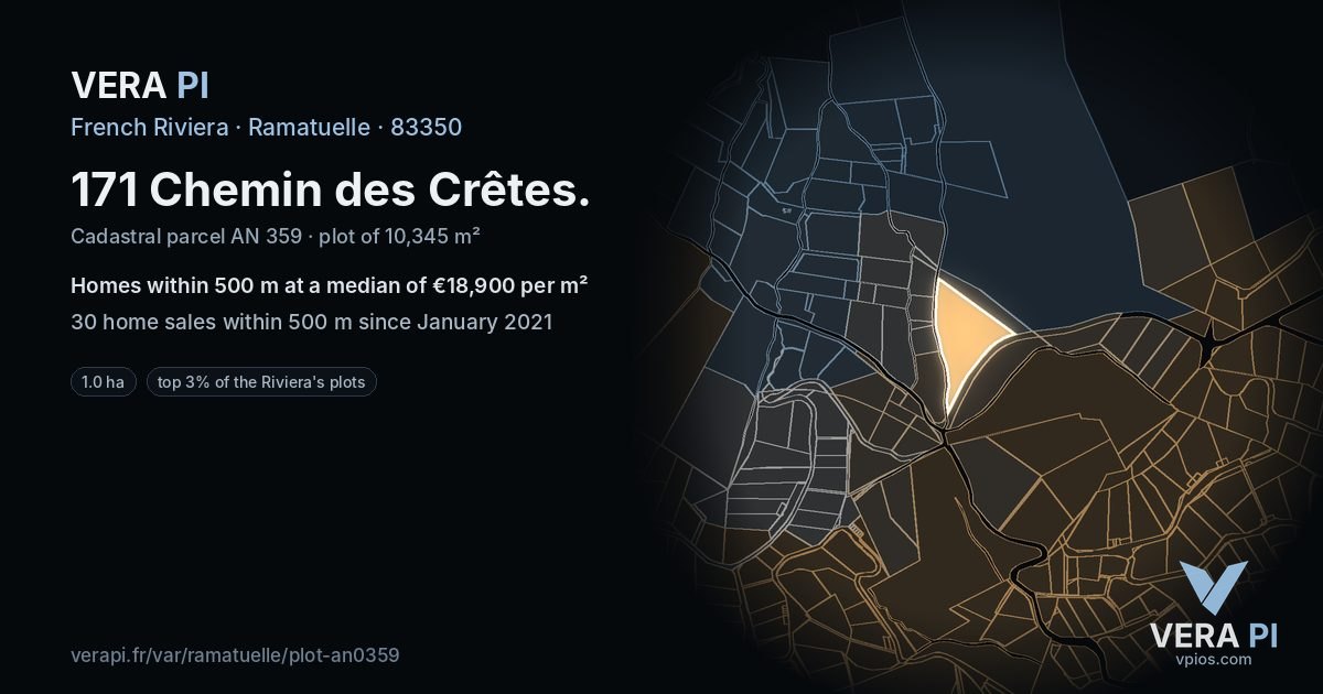 171 Chemin des Crêtes, Ramatuelle at night – the plot lit, the parcels around coloured by the prices near them
