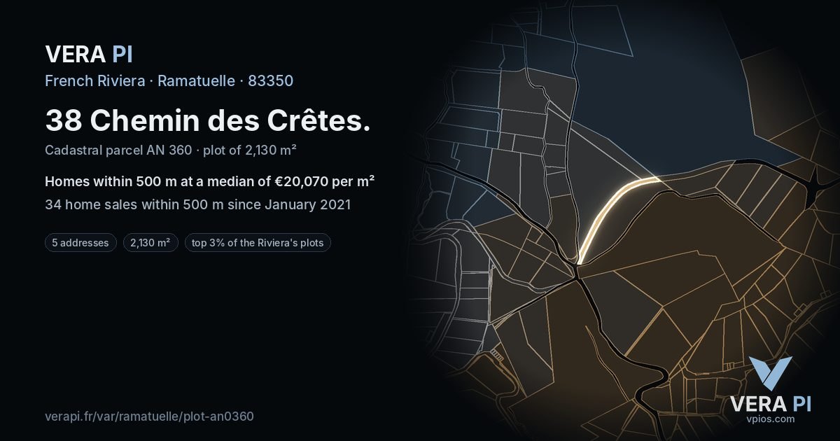 38 Chemin des Crêtes, Ramatuelle at night – the plot lit, the parcels around coloured by the prices near them