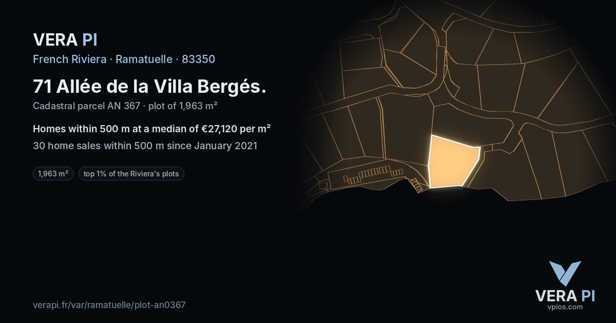 71 Allée de la Villa Bergés, Ramatuelle at night – the plot lit, the parcels around coloured by the prices near them