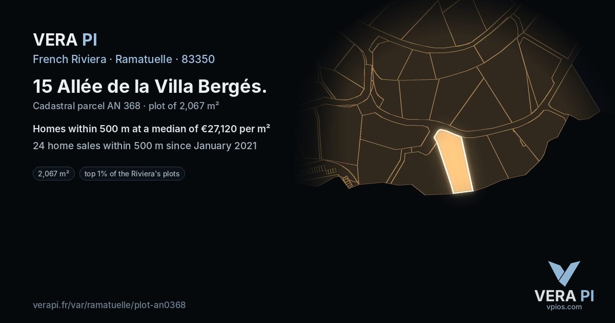 15 Allée de la Villa Bergés, Ramatuelle at night – the plot lit, the parcels around coloured by the prices near them