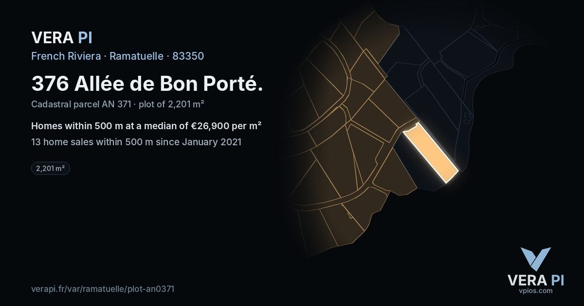 376 Allée de Bon Porté, Ramatuelle at night – the plot lit, the parcels around coloured by the prices near them
