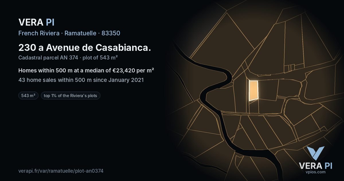 230 a Avenue de Casabianca, Ramatuelle at night – the plot lit, the parcels around coloured by the prices near them