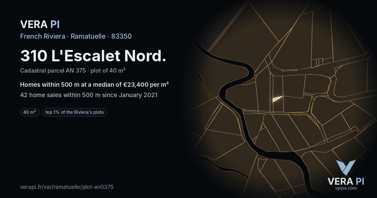 310 L'Escalet Nord, Ramatuelle at night – the plot lit, the parcels around coloured by the prices near them
