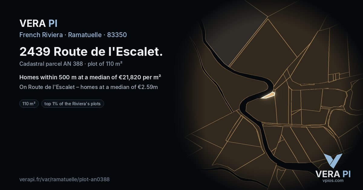 2439 Route de l'Escalet, Ramatuelle at night – the plot lit, the parcels around coloured by the prices near them