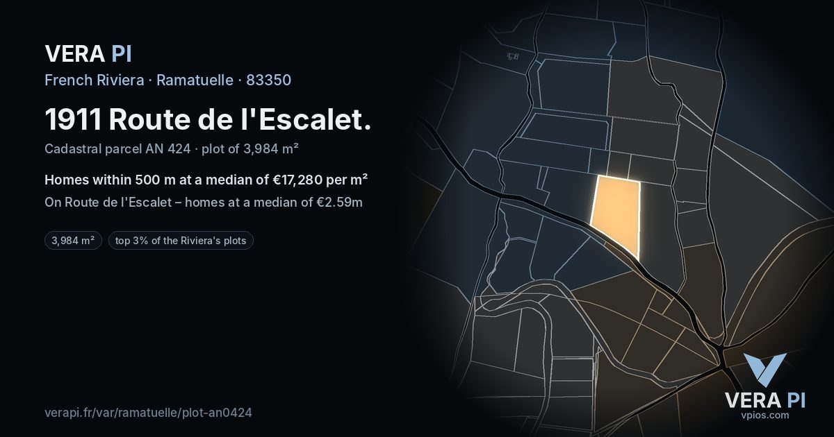 1911 Route de l'Escalet, Ramatuelle at night – the plot lit, the parcels around coloured by the prices near them