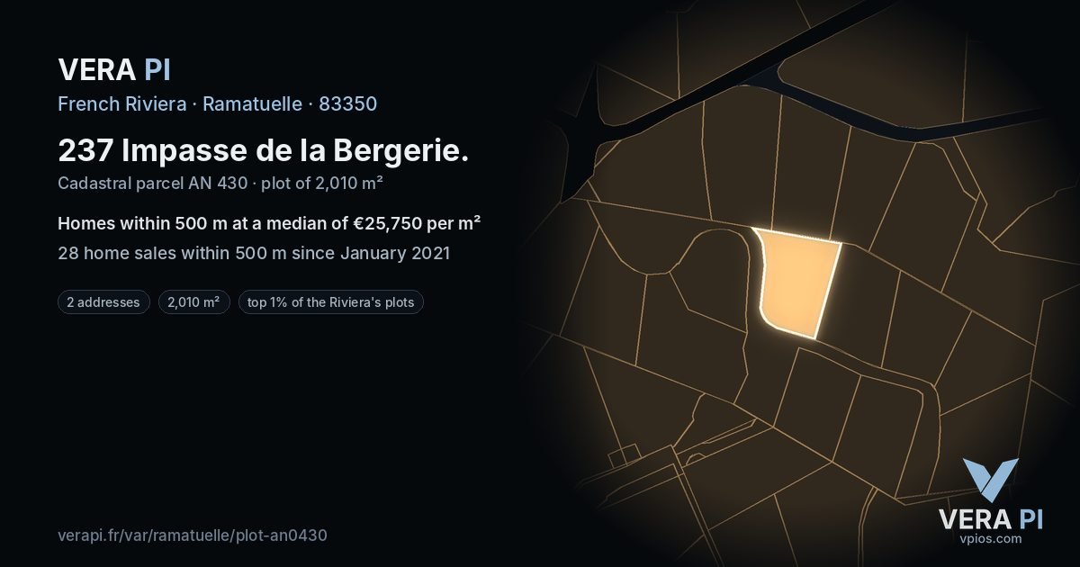 237 Impasse de la Bergerie, Ramatuelle at night – the plot lit, the parcels around coloured by the prices near them