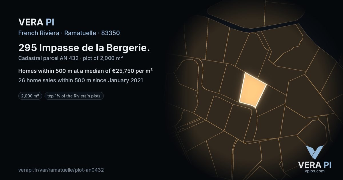 295 Impasse de la Bergerie, Ramatuelle at night – the plot lit, the parcels around coloured by the prices near them