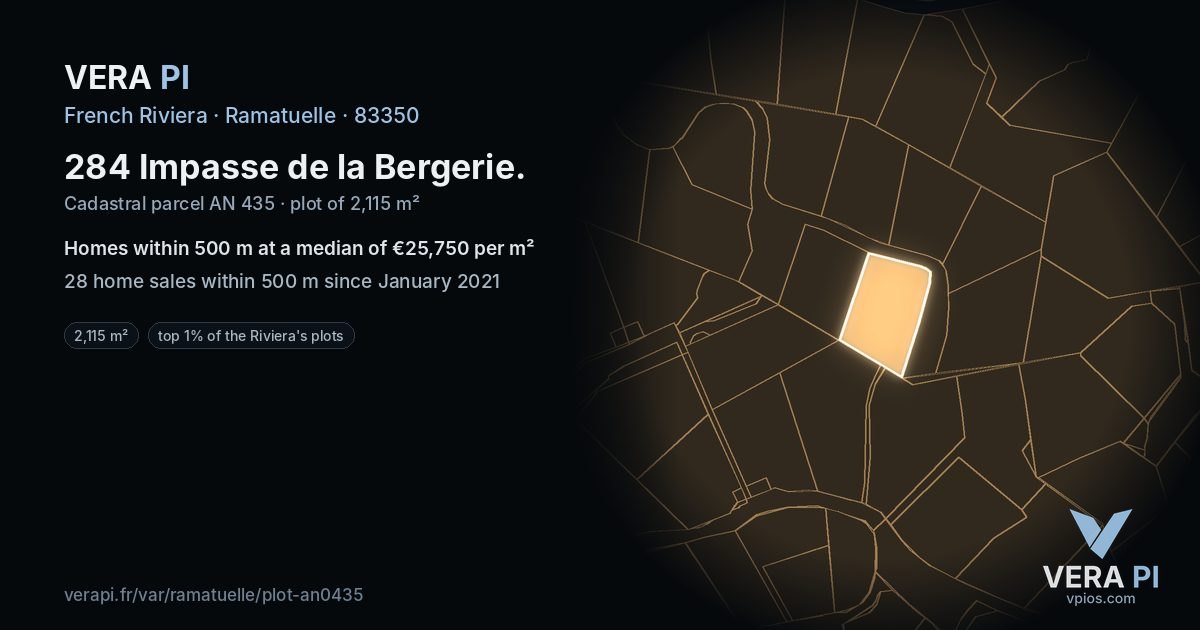 284 Impasse de la Bergerie, Ramatuelle at night – the plot lit, the parcels around coloured by the prices near them