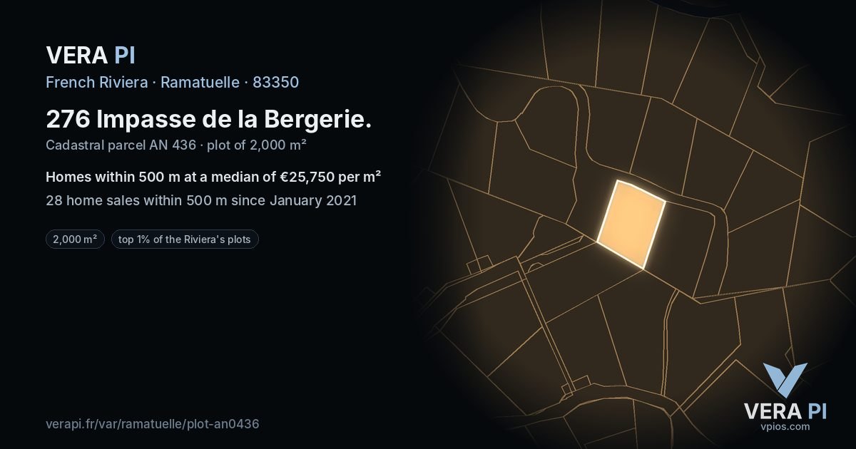 276 Impasse de la Bergerie, Ramatuelle at night – the plot lit, the parcels around coloured by the prices near them