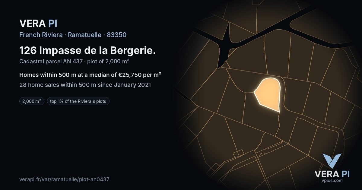 126 Impasse de la Bergerie, Ramatuelle at night – the plot lit, the parcels around coloured by the prices near them