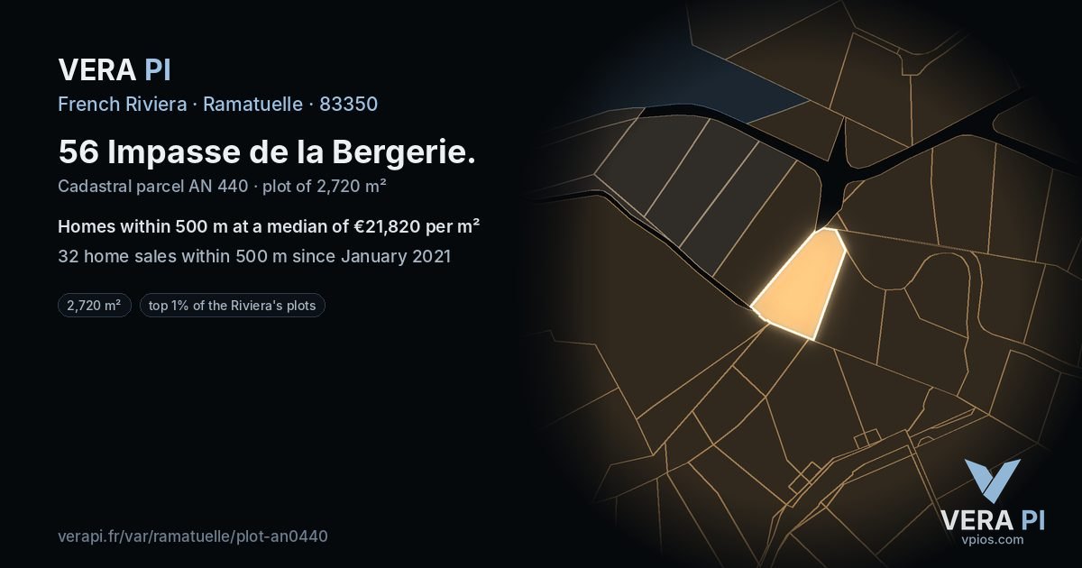 56 Impasse de la Bergerie, Ramatuelle at night – the plot lit, the parcels around coloured by the prices near them