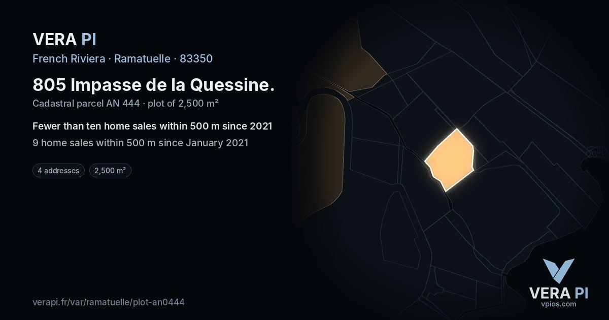 805 Impasse de la Quessine, Ramatuelle at night – the plot lit, the parcels around coloured by the prices near them