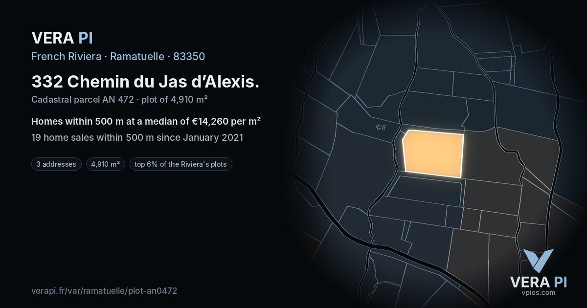 332 Chemin du Jas d’Alexis, Ramatuelle at night – the plot lit, the parcels around coloured by the prices near them