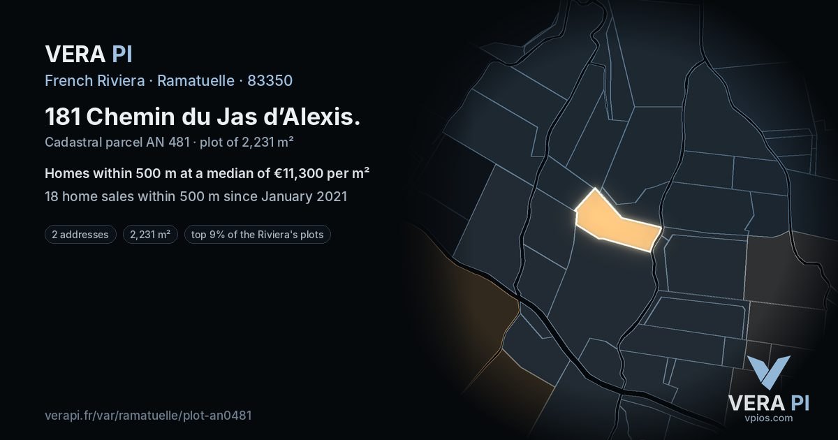 181 Chemin du Jas d’Alexis, Ramatuelle at night – the plot lit, the parcels around coloured by the prices near them