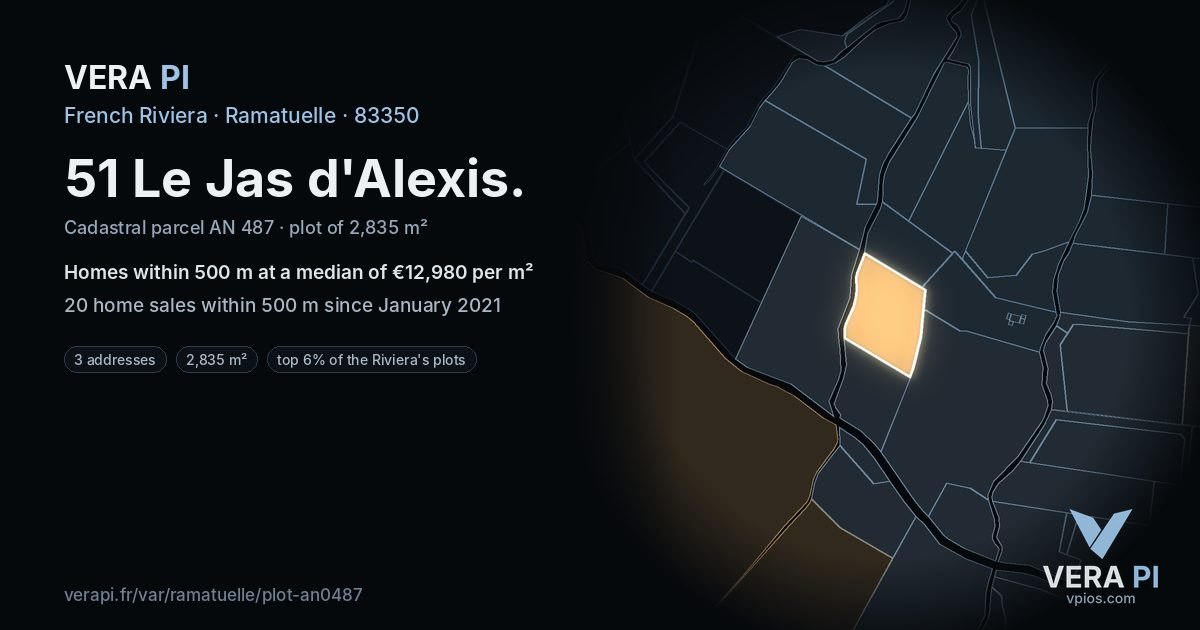 51 Le Jas d'Alexis, Ramatuelle at night – the plot lit, the parcels around coloured by the prices near them