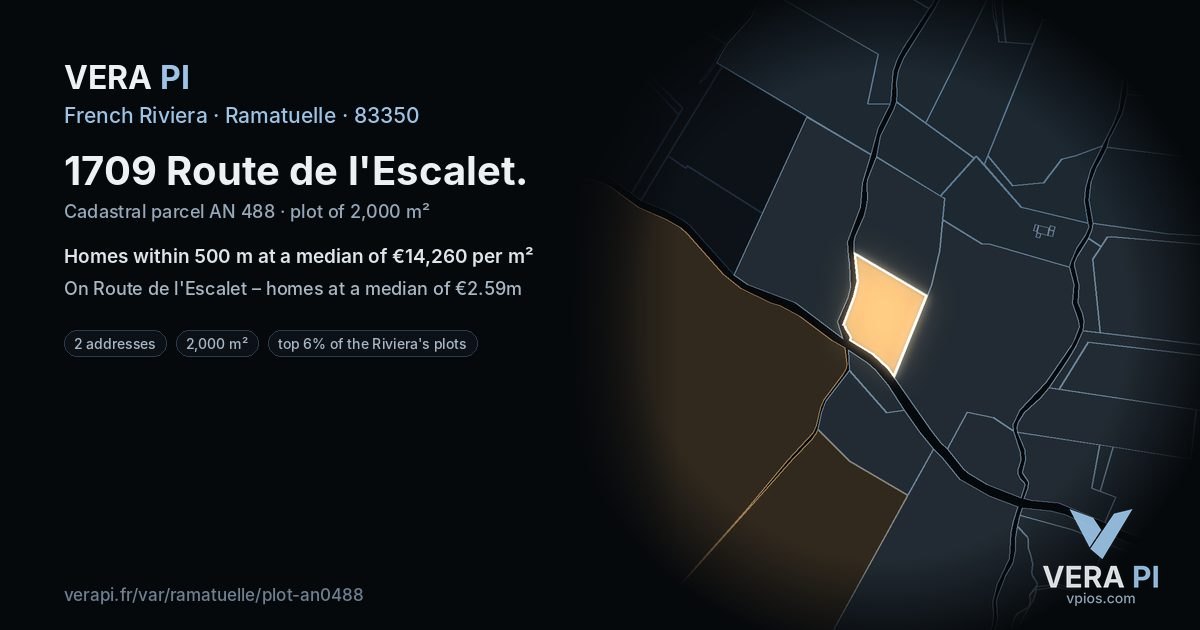 1709 Route de l'Escalet, Ramatuelle at night – the plot lit, the parcels around coloured by the prices near them