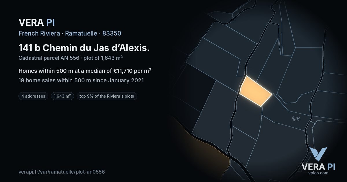 141 b Chemin du Jas d’Alexis, Ramatuelle at night – the plot lit, the parcels around coloured by the prices near them