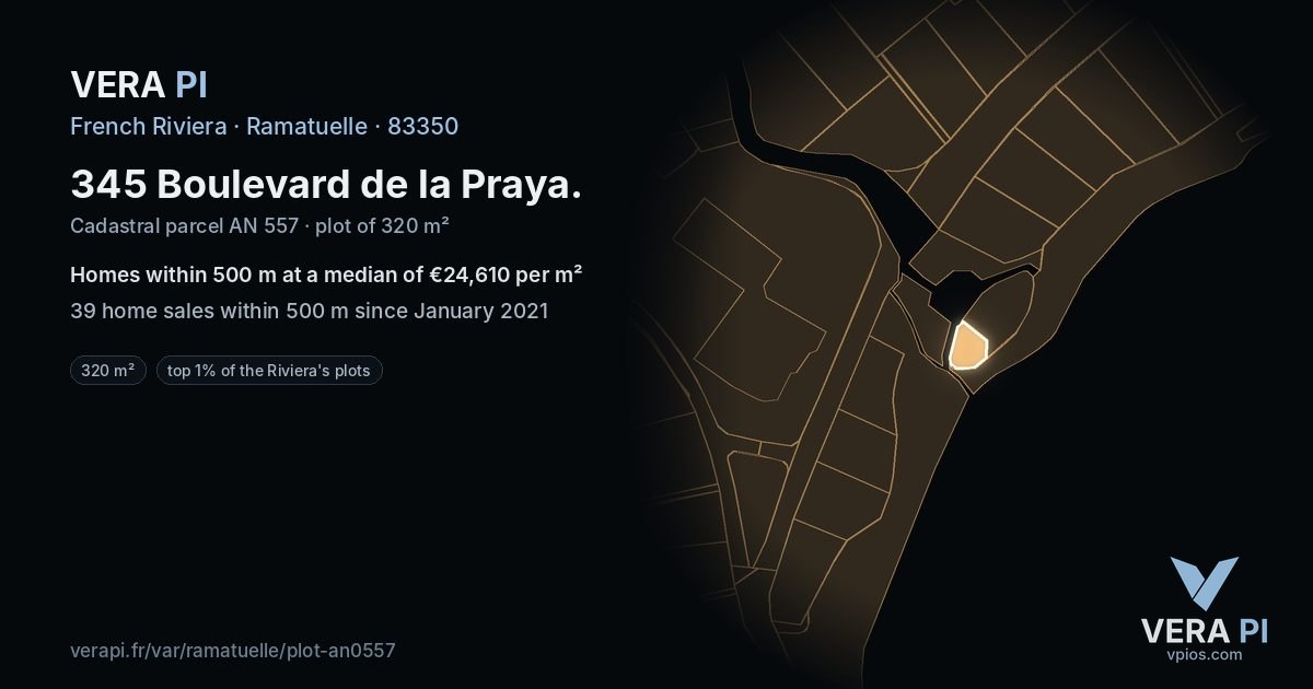 345 Boulevard de la Praya, Ramatuelle at night – the plot lit, the parcels around coloured by the prices near them