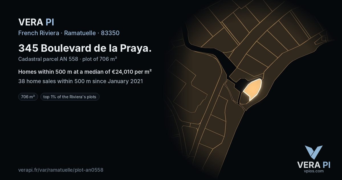 345 Boulevard de la Praya, Ramatuelle at night – the plot lit, the parcels around coloured by the prices near them