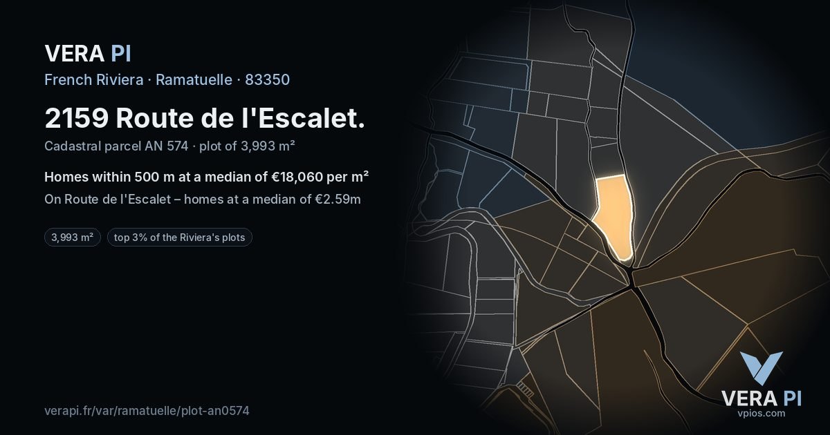 2159 Route de l'Escalet, Ramatuelle at night – the plot lit, the parcels around coloured by the prices near them