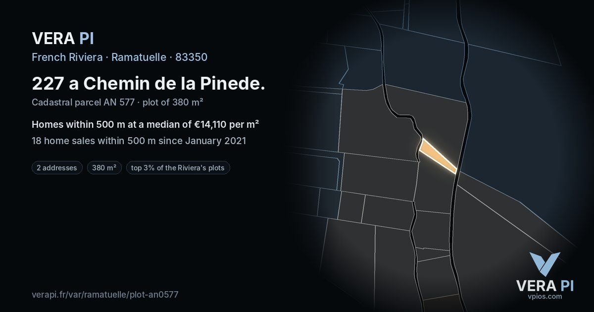 227 a Chemin de la Pinede, Ramatuelle at night – the plot lit, the parcels around coloured by the prices near them