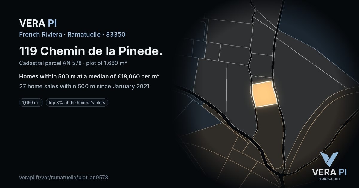 119 Chemin de la Pinede, Ramatuelle at night – the plot lit, the parcels around coloured by the prices near them
