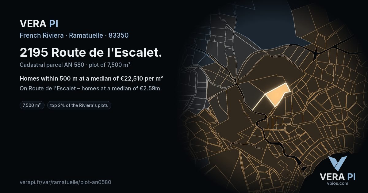 2195 Route de l'Escalet, Ramatuelle at night – the plot lit, the parcels around coloured by the prices near them