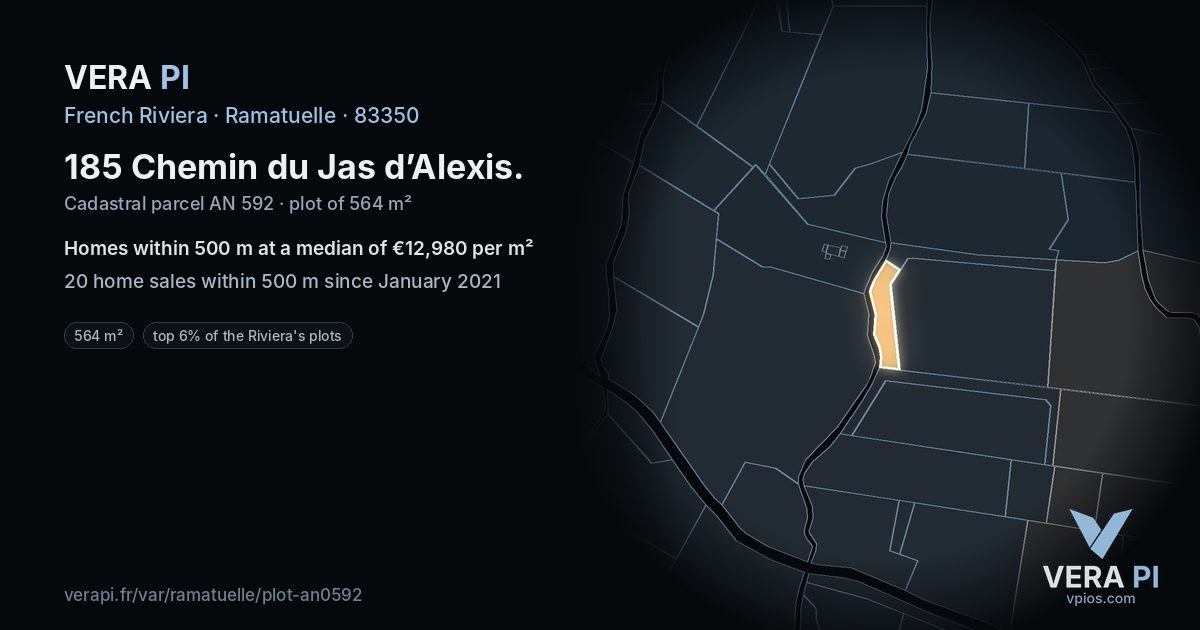 185 Chemin du Jas d’Alexis, Ramatuelle at night – the plot lit, the parcels around coloured by the prices near them