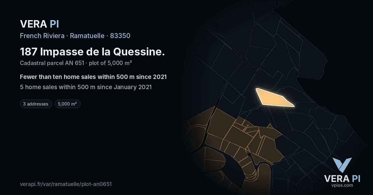 187 Impasse de la Quessine, Ramatuelle at night – the plot lit, the parcels around coloured by the prices near them