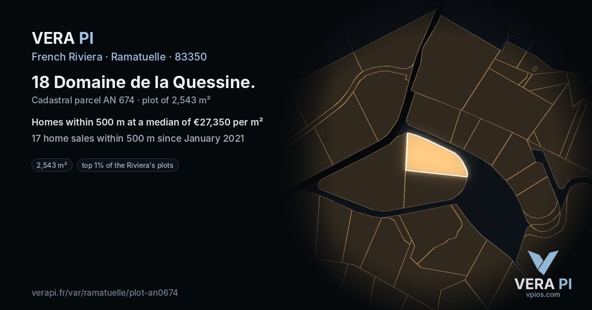 18 Domaine de la Quessine, Ramatuelle at night – the plot lit, the parcels around coloured by the prices near them