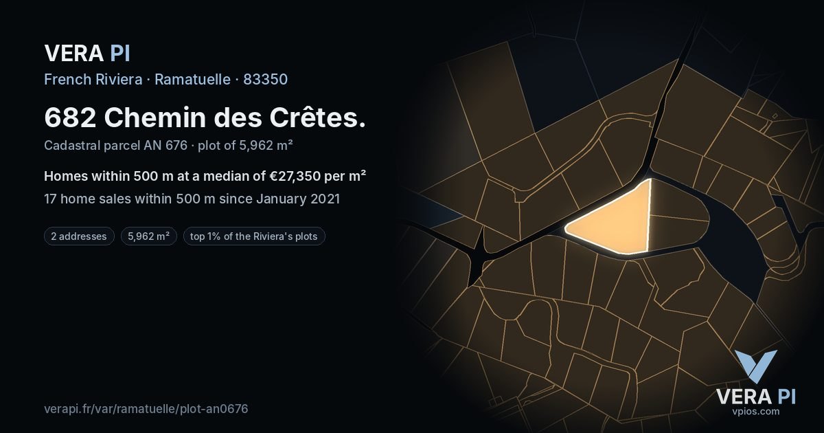 682 Chemin des Crêtes, Ramatuelle at night – the plot lit, the parcels around coloured by the prices near them