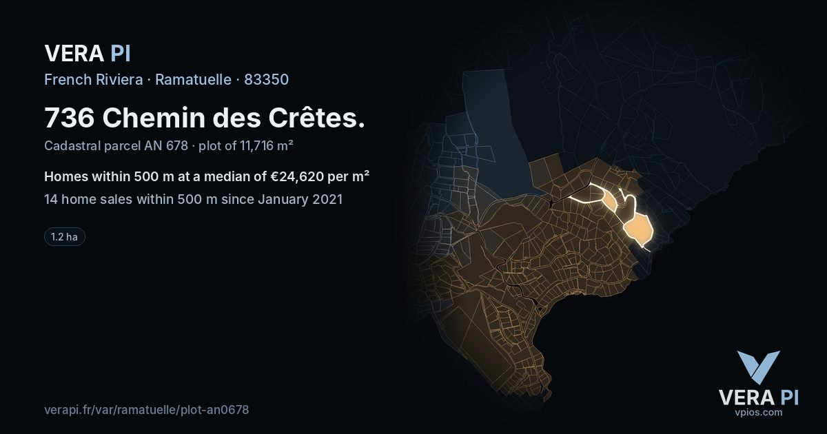 736 Chemin des Crêtes, Ramatuelle at night – the plot lit, the parcels around coloured by the prices near them