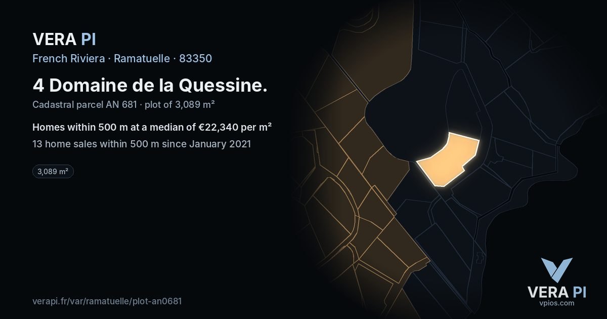 4 Domaine de la Quessine, Ramatuelle at night – the plot lit, the parcels around coloured by the prices near them