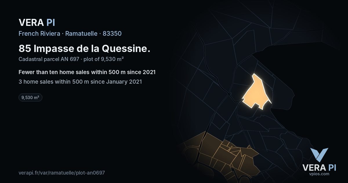 85 Impasse de la Quessine, Ramatuelle at night – the plot lit, the parcels around coloured by the prices near them