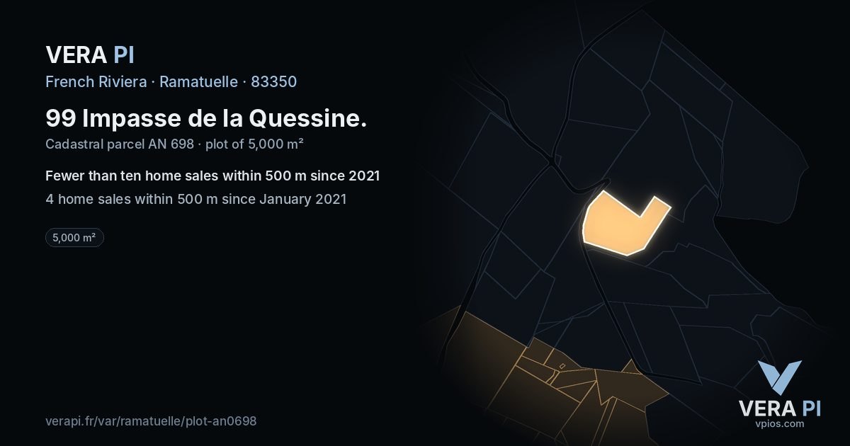 99 Impasse de la Quessine, Ramatuelle at night – the plot lit, the parcels around coloured by the prices near them