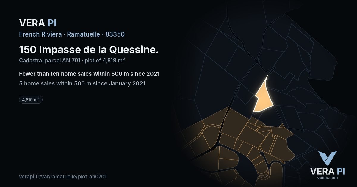 150 Impasse de la Quessine, Ramatuelle at night – the plot lit, the parcels around coloured by the prices near them