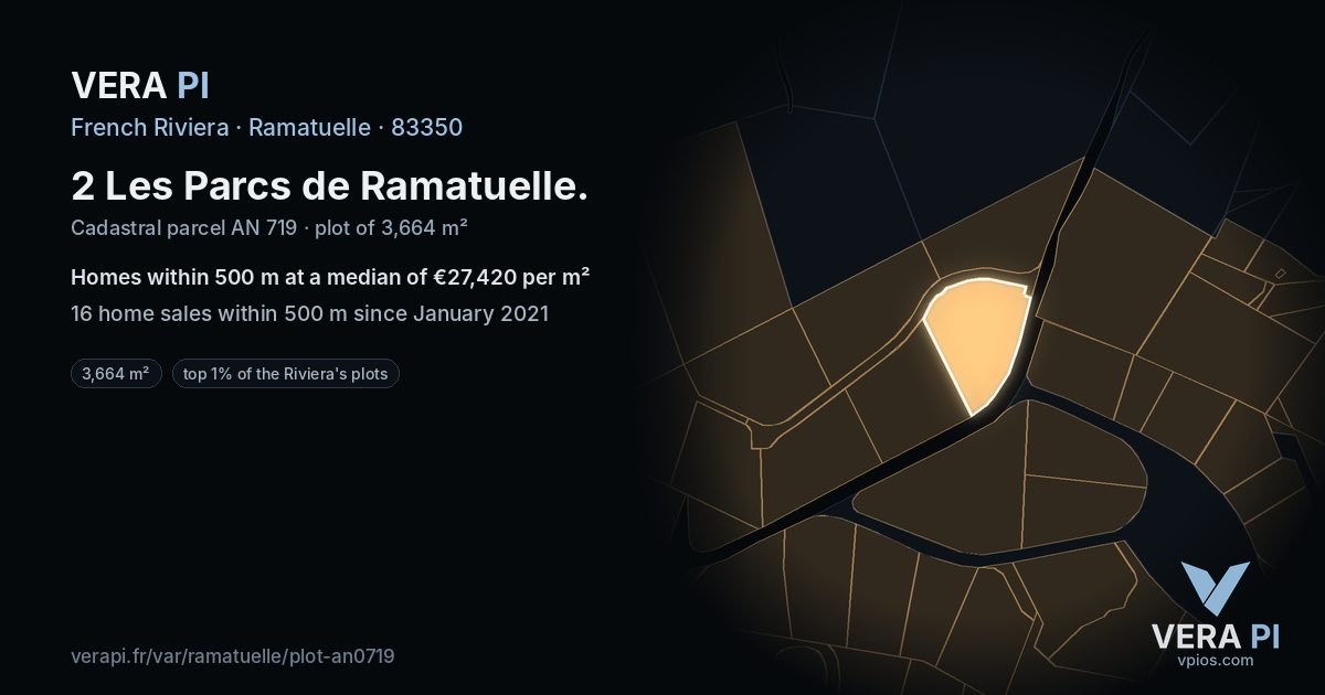 2 Les Parcs de Ramatuelle, Ramatuelle at night – the plot lit, the parcels around coloured by the prices near them
