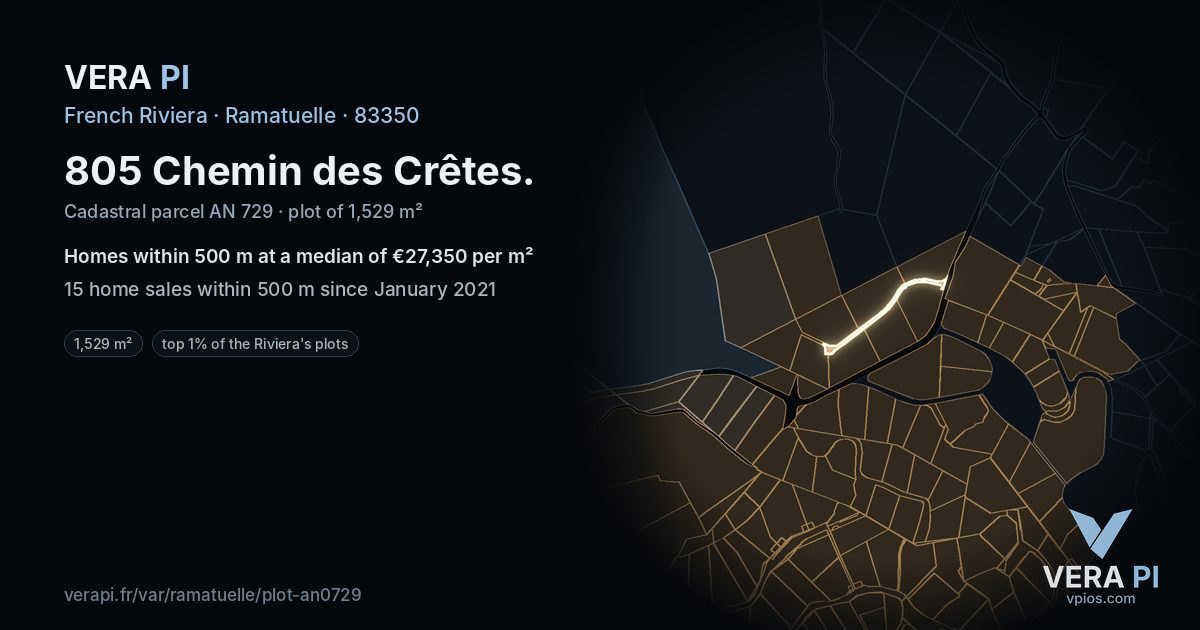 805 Chemin des Crêtes, Ramatuelle at night – the plot lit, the parcels around coloured by the prices near them