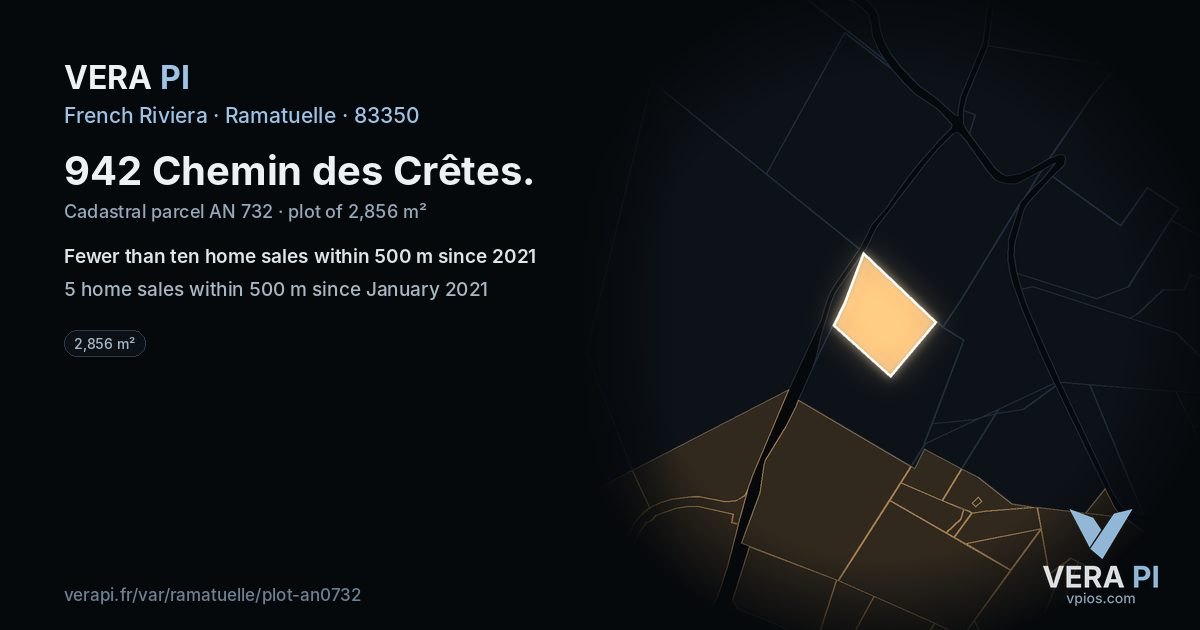 942 Chemin des Crêtes, Ramatuelle at night – the plot lit, the parcels around coloured by the prices near them