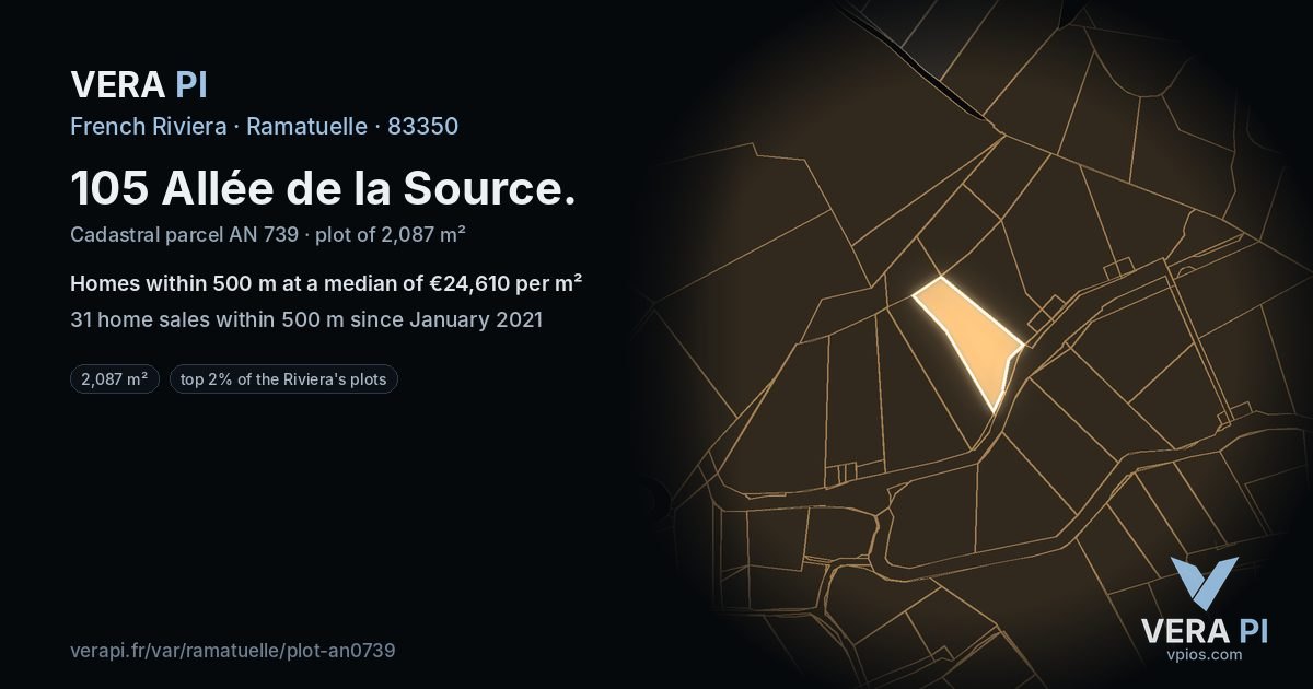 105 Allée de la Source, Ramatuelle at night – the plot lit, the parcels around coloured by the prices near them