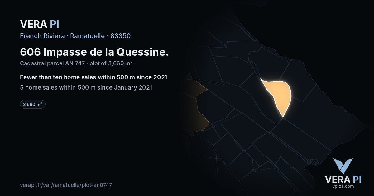 606 Impasse de la Quessine, Ramatuelle at night – the plot lit, the parcels around coloured by the prices near them