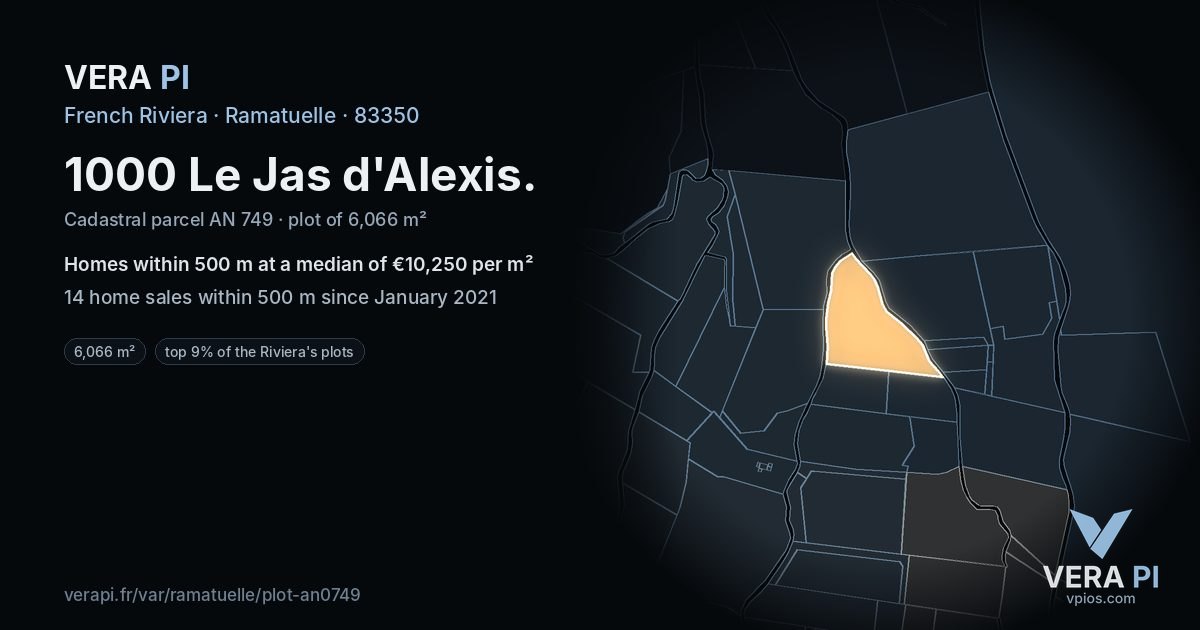 1000 Le Jas d'Alexis, Ramatuelle at night – the plot lit, the parcels around coloured by the prices near them