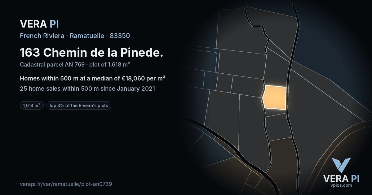 163 Chemin de la Pinede, Ramatuelle at night – the plot lit, the parcels around coloured by the prices near them