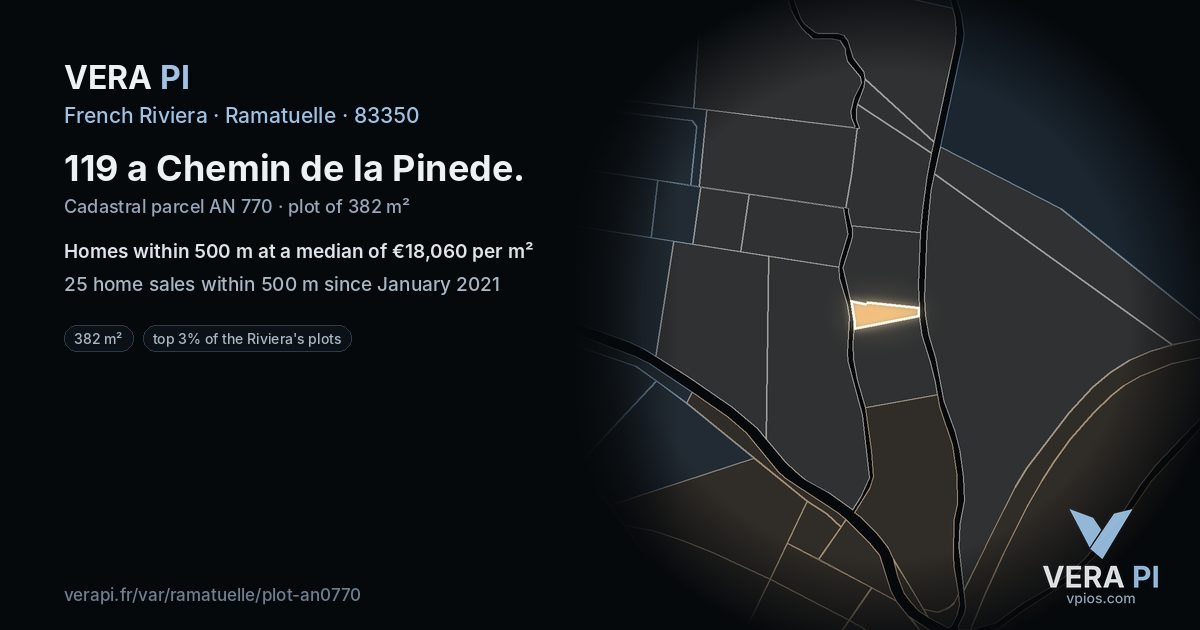 119 a Chemin de la Pinede, Ramatuelle at night – the plot lit, the parcels around coloured by the prices near them